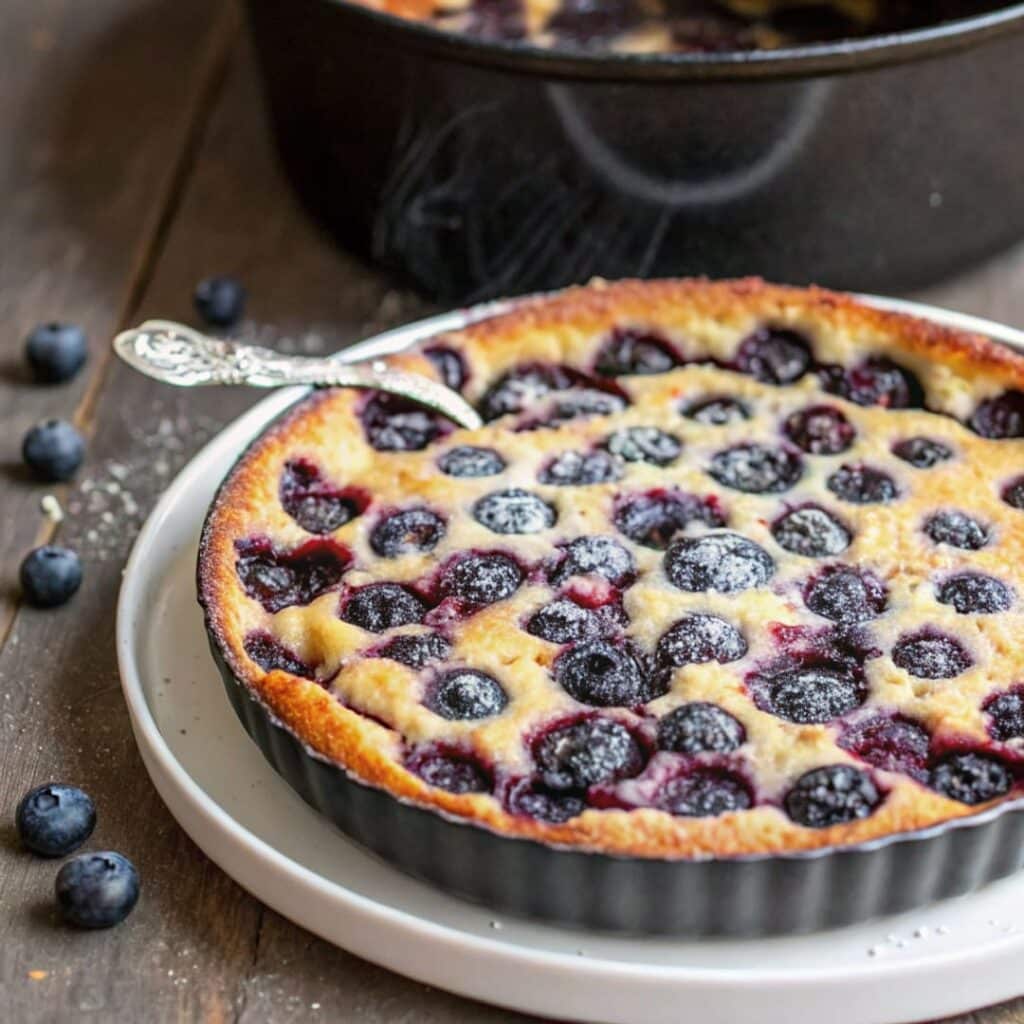 Blueberry clafoutis fresh out of the oven with golden-brown top and blueberries god