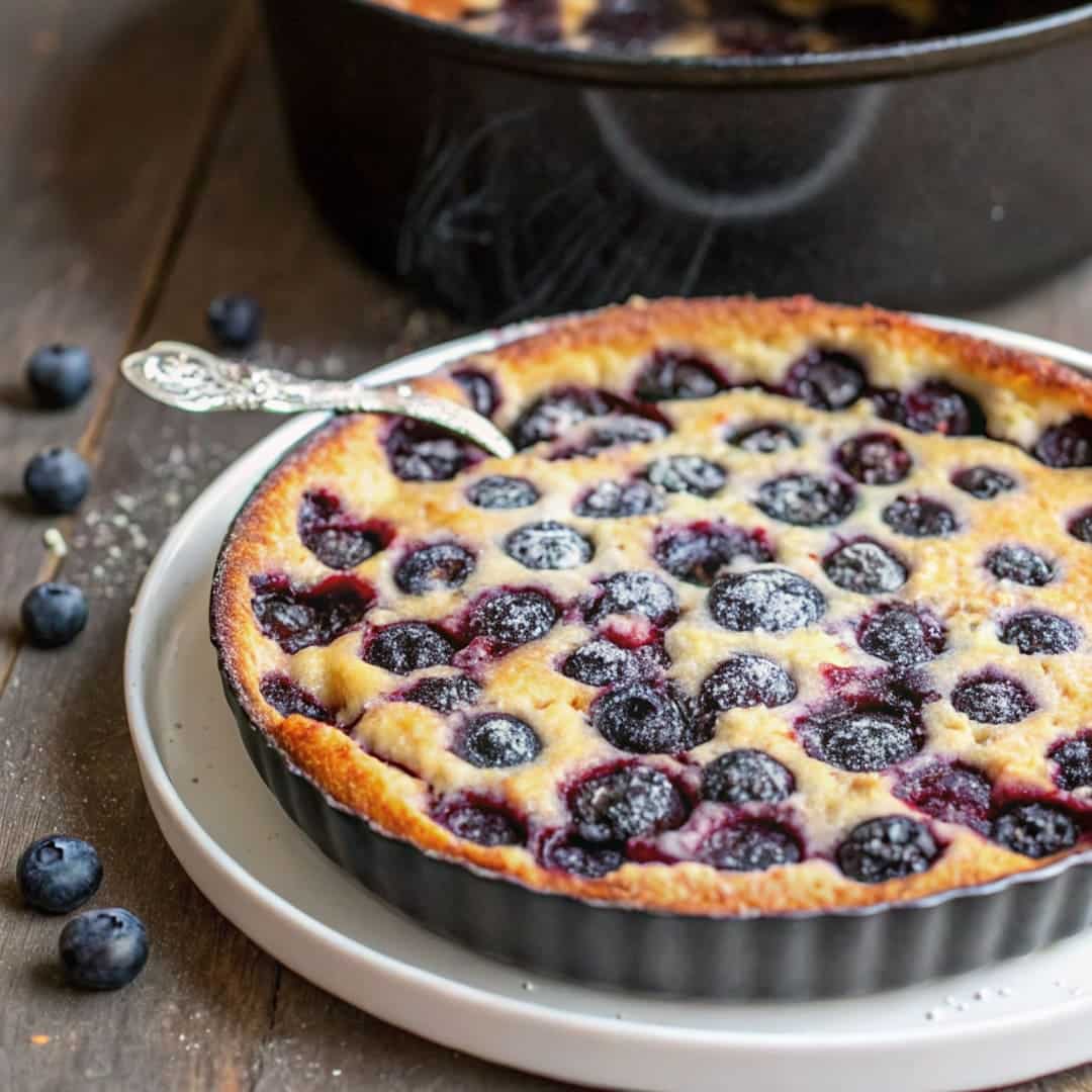 Blueberry clafoutis fresh out of the oven with golden-brown top and blueberries god