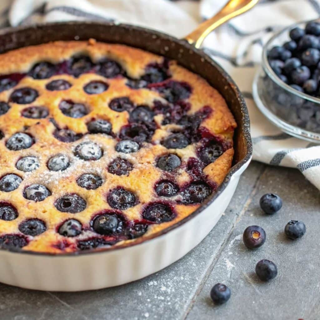 Blueberry Clafoutis (with gluten-free option) 4 Blueberry clafoutis fresh out of the oven with golden-brown top and blueberries